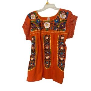 Mexicana Orange Floral Embroidered Blouse